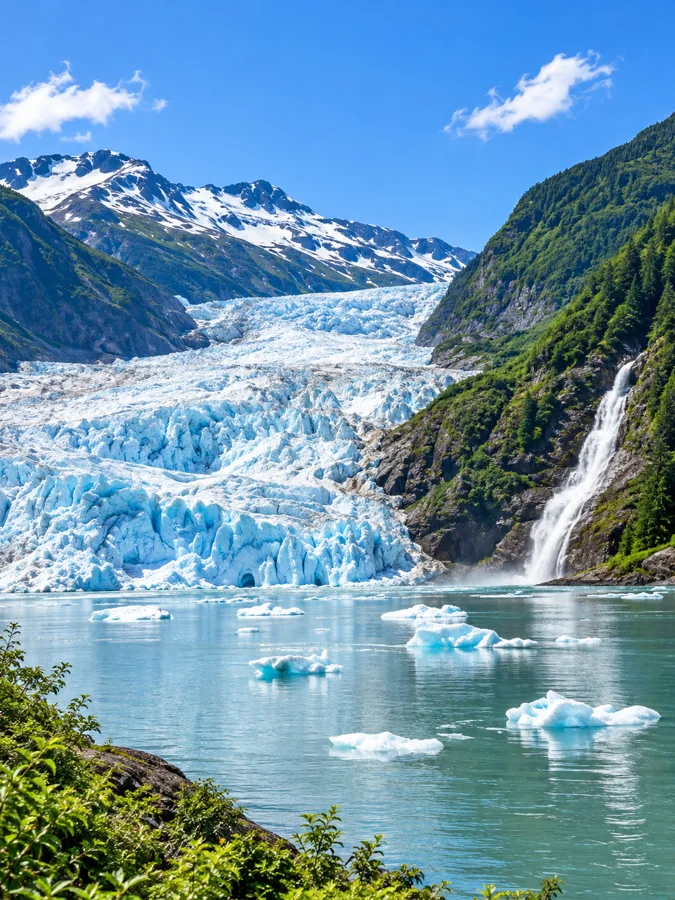 Der Mendenhall-Gletscher, der unterhalb grüner Berge bei Juneau in seinen See fließt