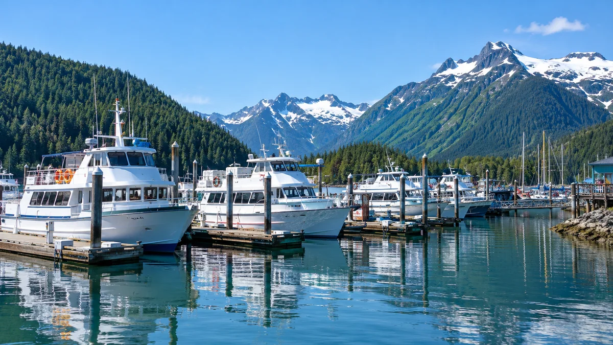 Walbeobachtungsboote liegen im Hafen von Auke Bay unterhalb bewaldeter Hügel