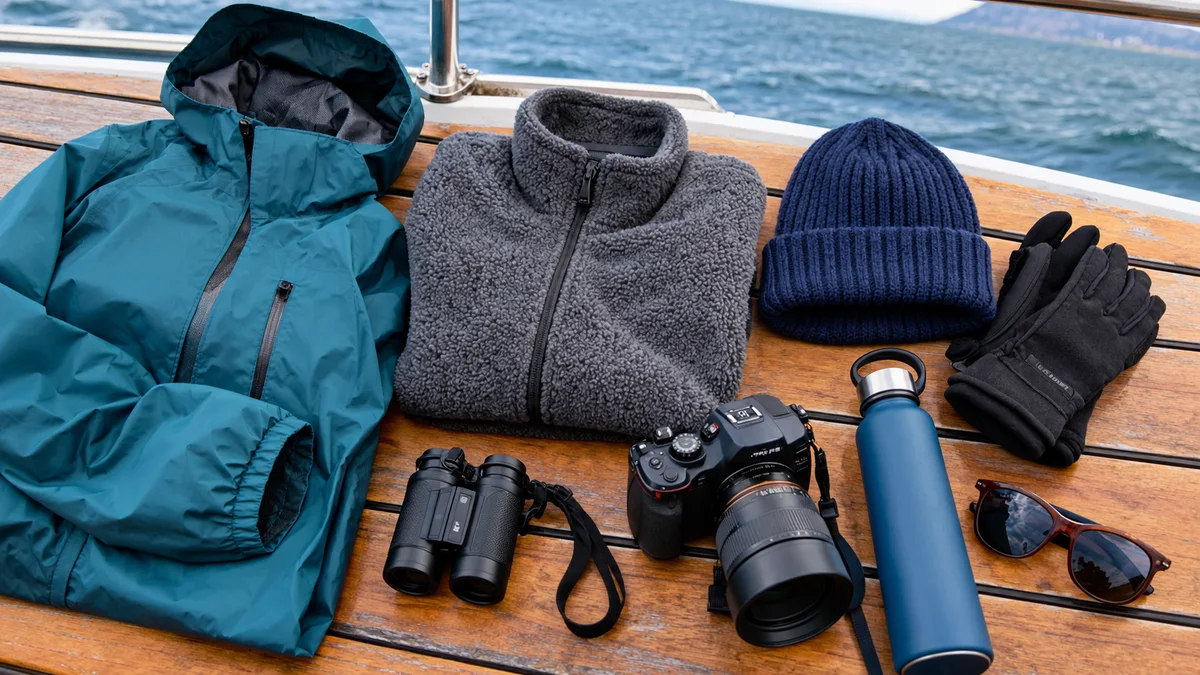 Regenjacke, Fleecepulli, Mütze, Handschuhe, Fernglas und Kamera auf einem Bootsdeck ausgelegt